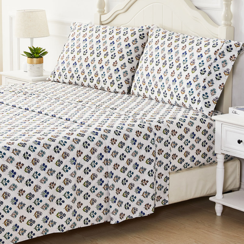 Sumita Floral Printed Cotton Percale Sheet Set, Blue, King Sheet Set with 2 King Pillowcases