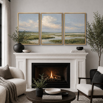 Open Sky Marsh River Landscape Artwork, Living Room Pictures, Framed Canvas Giclee Print 3 Pieces Wall Art