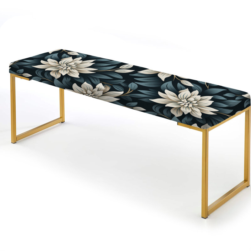 Floral Upholstered Gold Bench, Navy/White