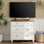 Meuble télé Farmhouse pour téléviseur de 43 pouces, console Mid-Century moderne avec 3 tiroirs en bois, console de divertissement pour le salon, blanc
