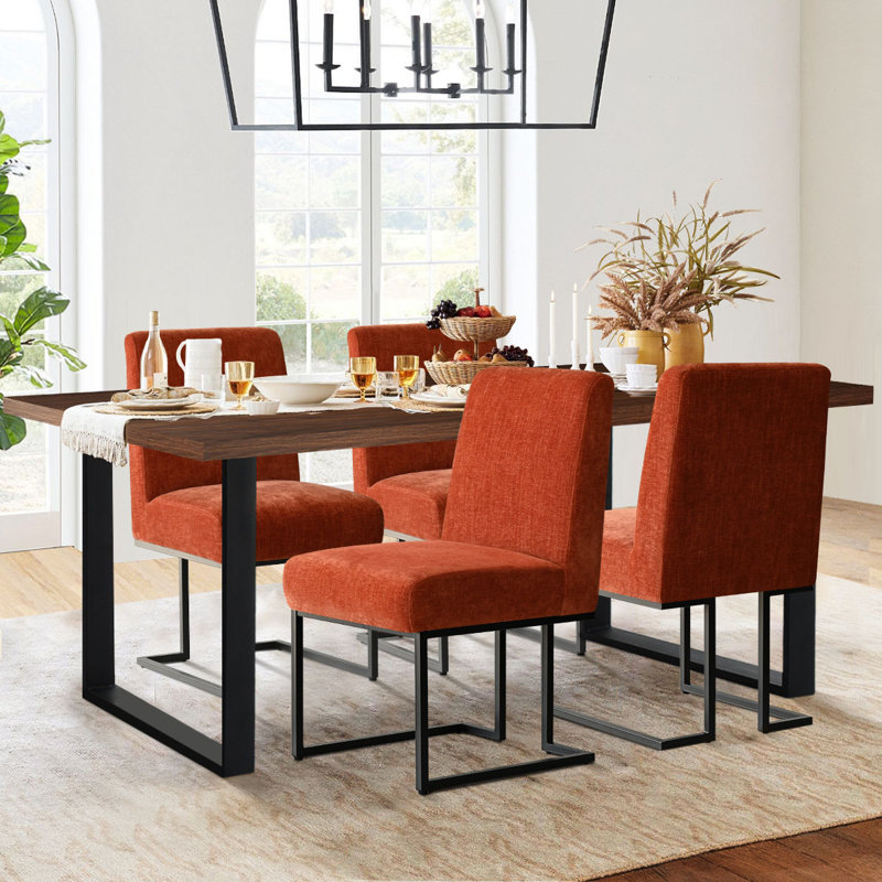 Cederick 4-Person Dining Set with Rectangular Table, Walnut, Orange