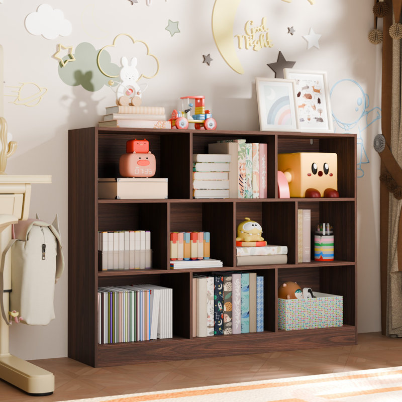 Presly 3  Tier Cube Bookcase Modern Bookshelf with 10 Cubes, Brown, (10 Shelves) 33.07"H x 43.31"W x 11.61"D