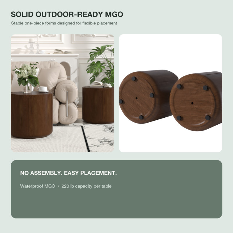 Ensemble de tables d'appoint pour l'extérieur 19,29 po H, ensemble de tabourets de jardin modernes en grain de bois, robuste en oxyde de magnésium imperméable, table sans assemblage pour patio, jardin, cour, salon, brun, ensemble de 2