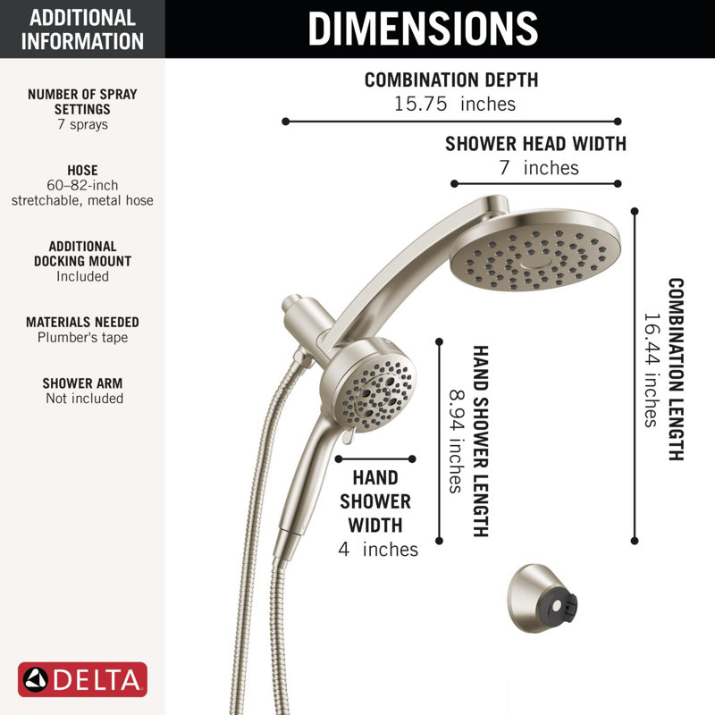 7-Setting PivotPro 3-in-1 Combination Shower Head with ProClean High Pressure Spray 2.5 GPM Stainless, Lumicoat® Stainless