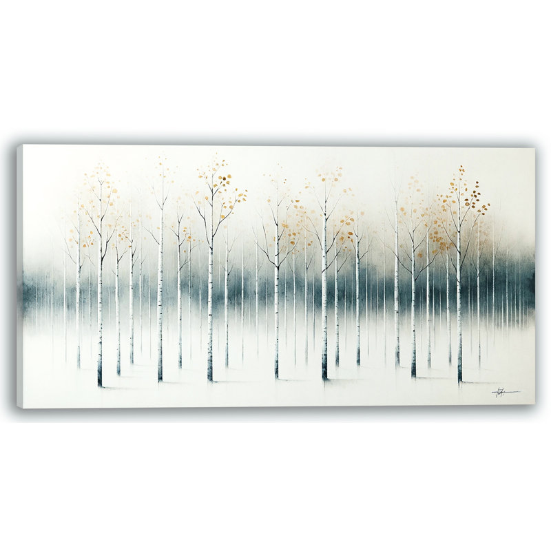 «Golden Birch Forest in Fog», art mural sur toile, H 24 po x l 48 po