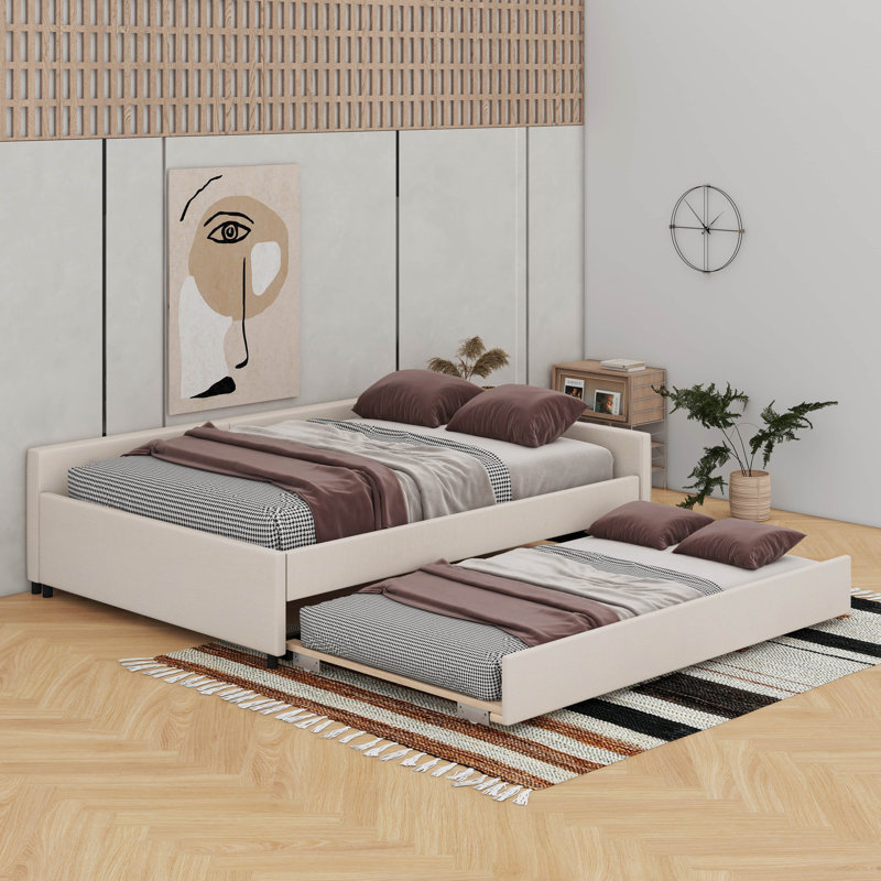 Upholstered Platform Bed With Trundle And USB, Full