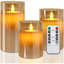Led Flameless Candles, Battery Operated Flickering Candles Pillar Real Wax Moving Flame Electric Candle Sets Gold Glass Effect with Remote Timer, 4 in, 5 in, 6 in (Brown)