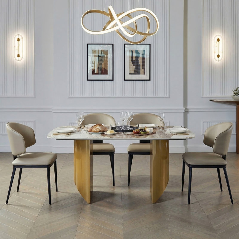 Modern Sintered Stone Dining Table With Gold Metal Base (55.1"), Gold, 31.5" W x 55.1" L