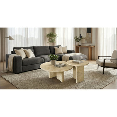 Ensemble de tables basses gigognes rondes de 27,6 po et de 17,7 po, plateau en marbre doré chaud avec base en acier, 2 pièces