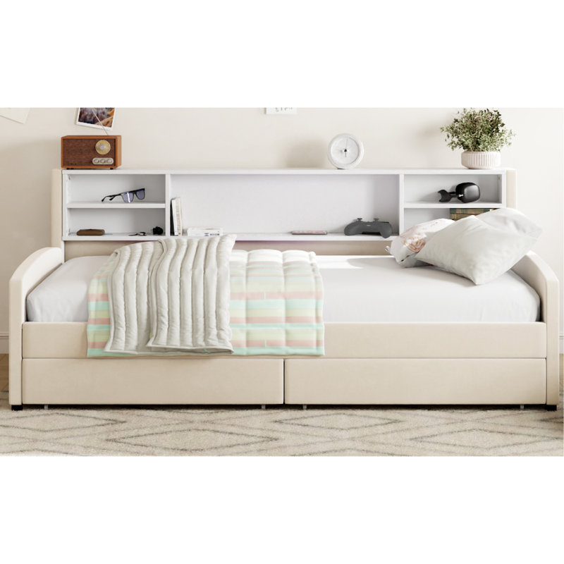 Lit plateforme tapissier simple en velours | avec tiroirs de rangement à roulement en douceur et tablette latérale intégrée | Tête de lit moelleuse pour le confort | Structure robuste | Idéal pour la chambre à coucher et les petits espaces