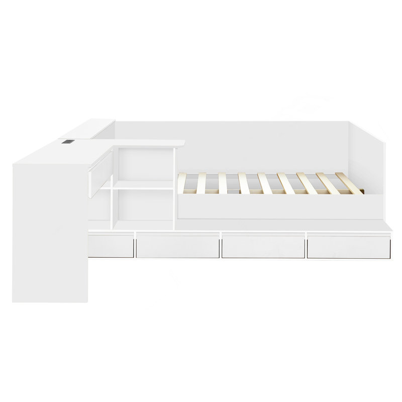 Lit plateforme double en bois avec 6 tiroirs, tablettes et coiffeuse, blanc, Blanc