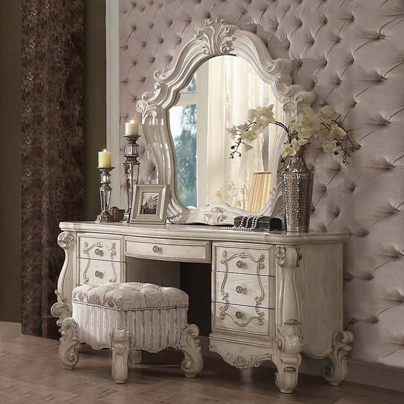 Tabouret de coiffeuse avec garniture cloutée, Blanc, Ivoire ivoire