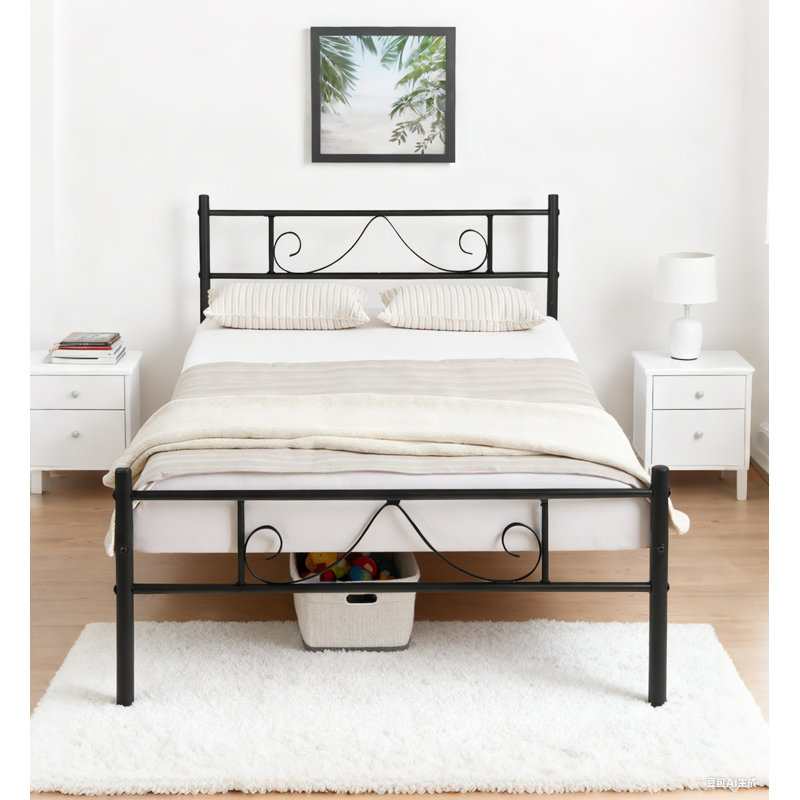 Metal Bed Frame with Beard Design Headboard, Single (3'), Black