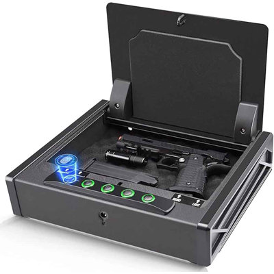 Biometric Fingerprint Gun Safe for 3 Pistols Safe DOJ Certified with 3 Quick Access Handgun,Digital Keypad Frosted Black Bedside Firearm Safety Car Safe Hardened Steel Lock Box