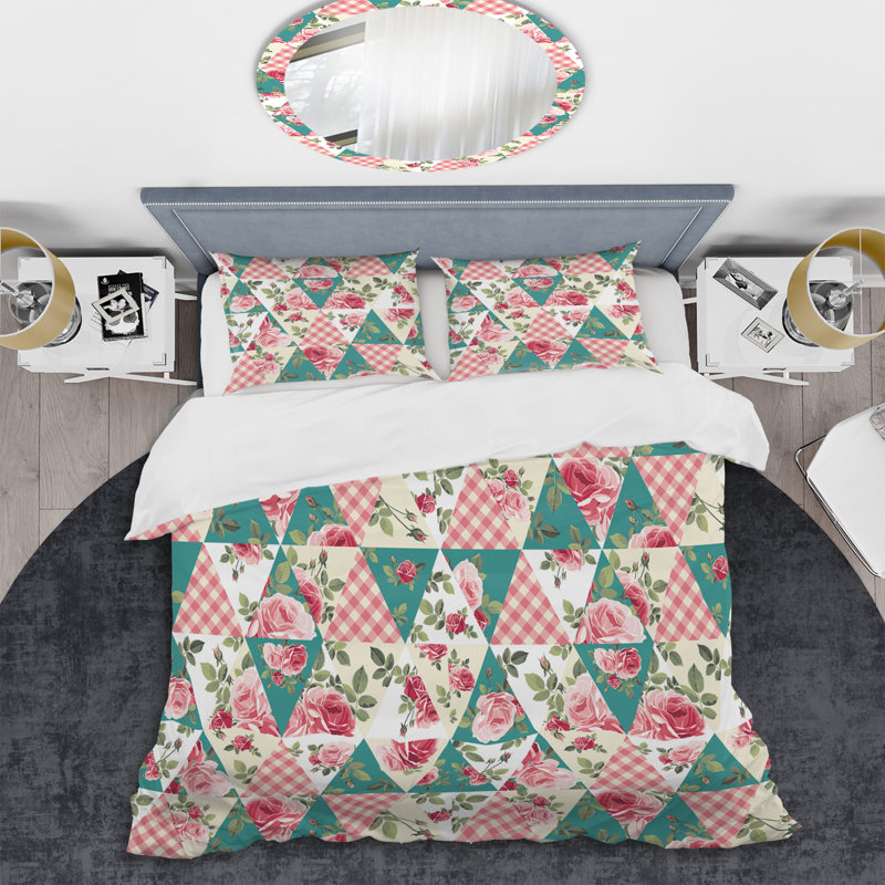 Patchwork vert et rose - ensemble de housse de couette abstrait - microfibre de polyester
