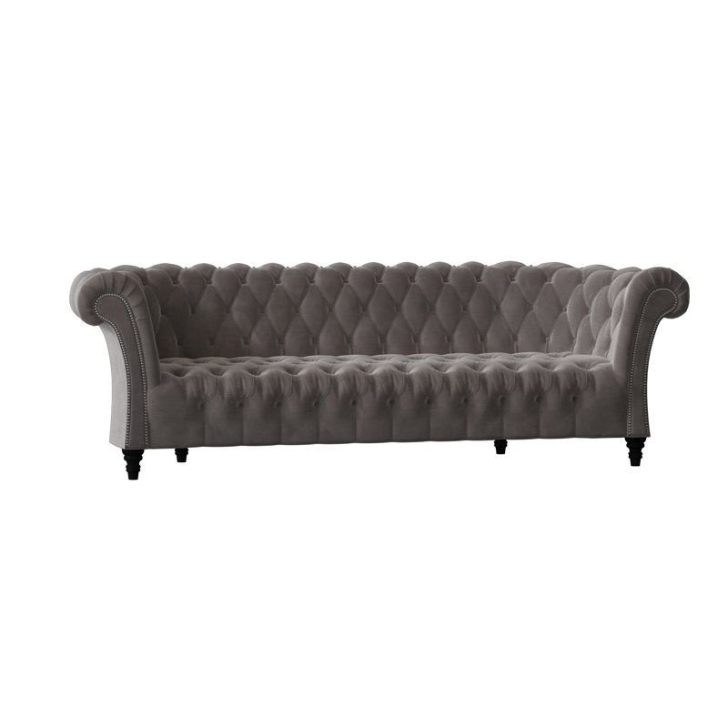 Canapé Chesterfield à accoudoirs roulés, Velours gris anthracite, Noir, 84 pouces