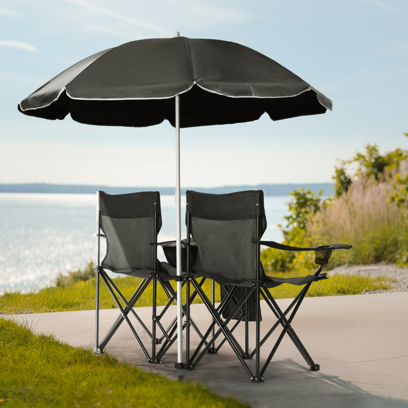Portable Two Person Fishing Chair With Removable Umbrella, Black
