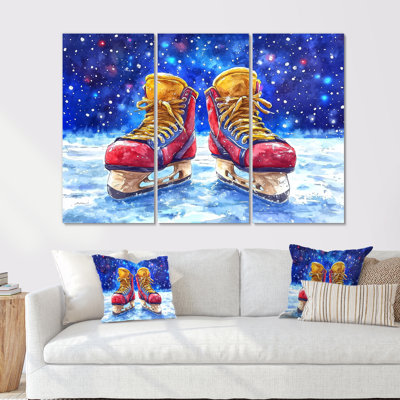«Red Hockey Gear», peinture accentuée de bleu - ensemble de salon d'art mural de hockey sport