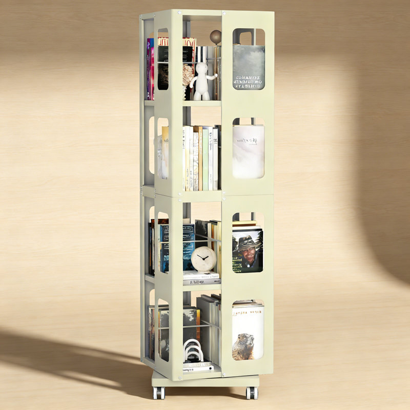 4-Tier Steel Rotating Bookshelf with 360° Wheels, Large Size Book Rack, Yellow
