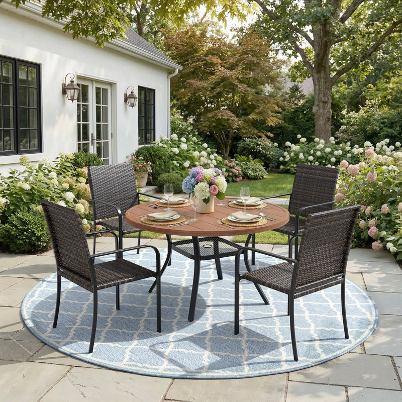 4-Person Round Patio Dining Set With Wicker Rattan Chairs, Brush Wood Brown