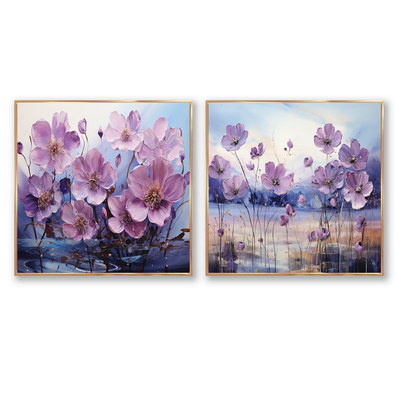 Violet Flower Meadow Harmony - Ensemble de 2 collages carrés, H 16 po x l 33 po, Cadre flottant doré