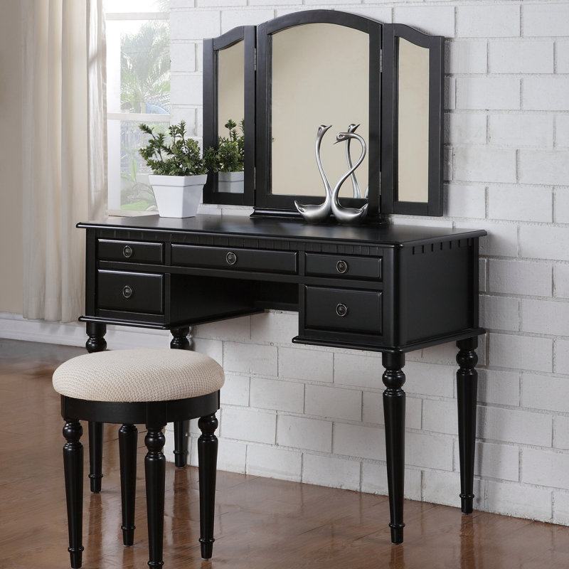 Bedroom Contemporary Vanity Set W Foldable Mirror Stool Drawers, Black