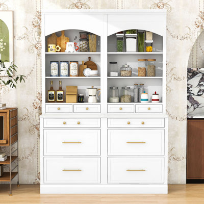 Set of 2 Freestanding Tall Kitchen Pantry with Adjustable Shelf, Faux Marble Top and Drawers
