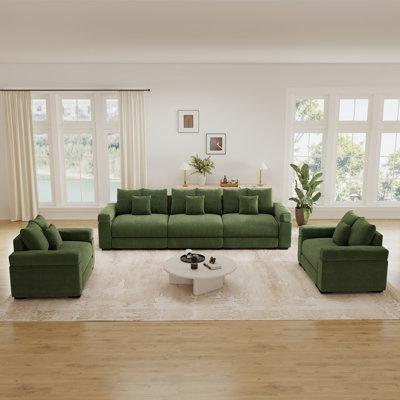 Canapé d'angle modulaire Cloud surdimensionné, 3 places de 330 cm + deux fauteuils individuels de 138 cm, larges accoudoirs robustes, velours côtelé texturé rayé, assise profonde, design ergonomique, grand espace de vie, vert
