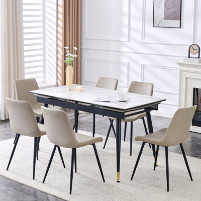 Ensemble de table de salle à manger en pierre frittée extensible de 55 à 79 po avec rallonge cachée et pieds en métal