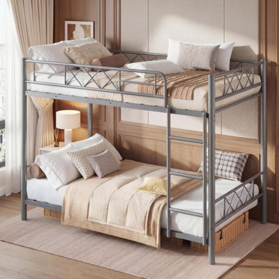 Lit superposé simple au-dessus d'un lit simple pour les adultes, cadre de lit superposé avec échelle et garde-corps, lit robuste à 2 niveaux avec lattes en métal, aucun sommier nécessaire, cadre de lit peu encombrant, gris