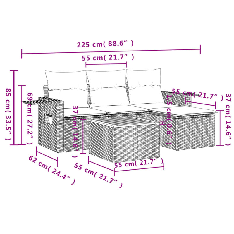  Ensemble de canapé de patio 5 pièces avec coussins en rotin de polyester noir