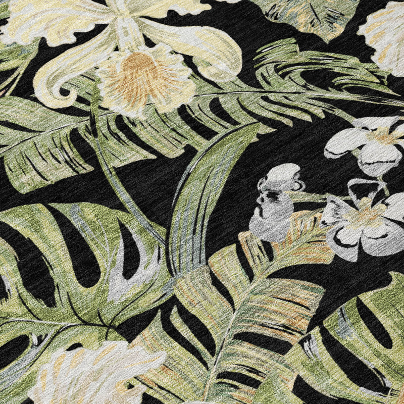 Addison 3' x 5' Black Synthetic Floral Washable Rug