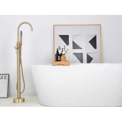 Cozyblock Floor Mount Bathtub Faucet Freestanding Tub Filler Standing High Flow Shower Faucets Shower Mixer Taps, Swivel Gooseneck Spout With Cylinder Handheld (Brushed Gold)