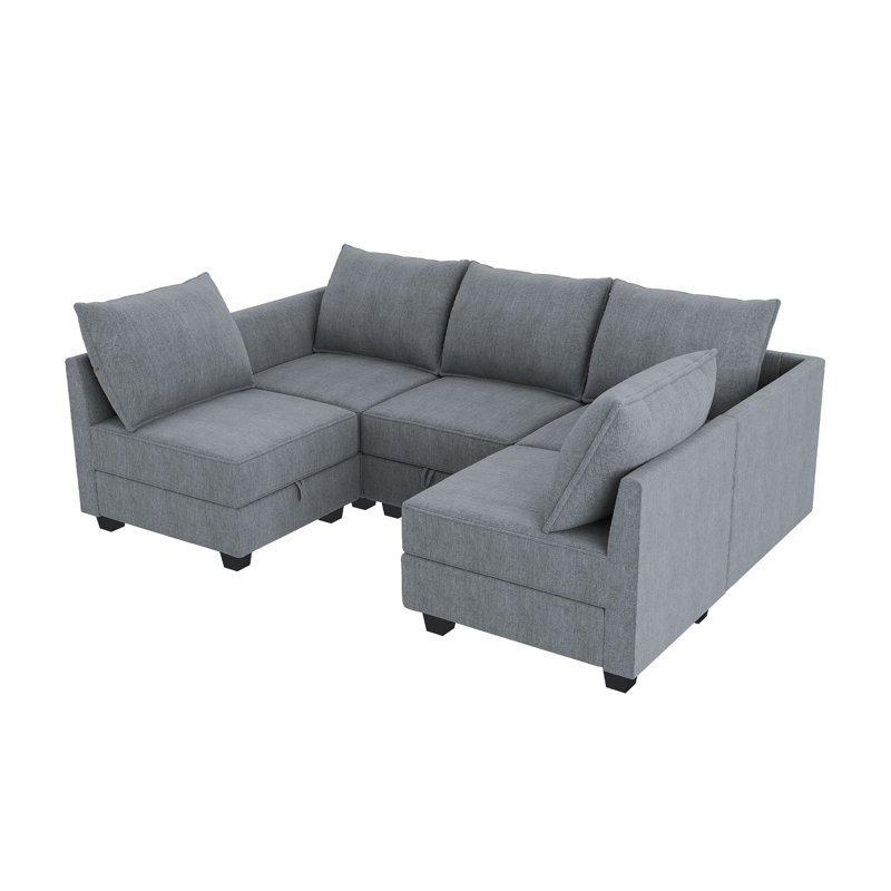 L-Shaped Modular Sectional Couch Reversible Modular Upholstered Sofa, Bluish Gray Polyester Blend
