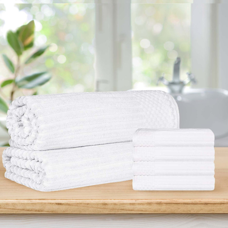 Keshayla Ribbed Cotton Absorbent Heavy 4pc Hand Towel and 2pc Bath Sheet Set, White
