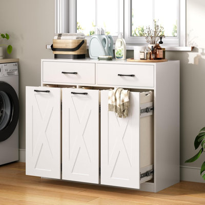Armoire pour panier à linge, panier à linge 3 sections avec 2 tiroirs de rangement, trieur de linge avec grands sacs amovibles, 3 X 14,8 gallons (56L), pour salle de bain, blanc C3961F560214470391FAAEB6760F0545