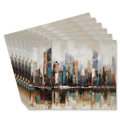 Abstract Buildings Textured Polyester Dreketi - Set of 6
