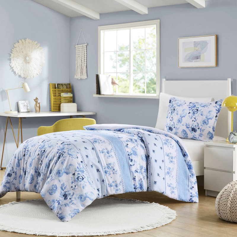 Housse de couette pour lit double / grand à rayures florales, microfibre, teinte bleue avec 2 taies décoratives, bleu, style boutonné