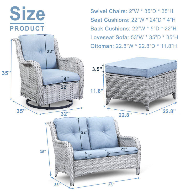 Schutt Wicker 4 - Person Patio Conversation Set with Cushions, Baby Blue