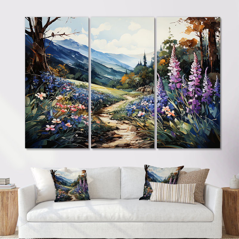 Blue Bonnets Mountain Landscape - Ensemble de décorations murales fleurs, Toile tendue, H 28 po x l 36 po x P 1 po