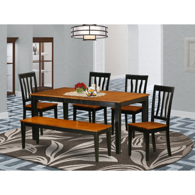 6 Piece Dining Table Set Contains a Rectangle Dining Room Table with Butterfly Leaf and 4 Wooden Seat Chairs with a Bench, Black & Cherry