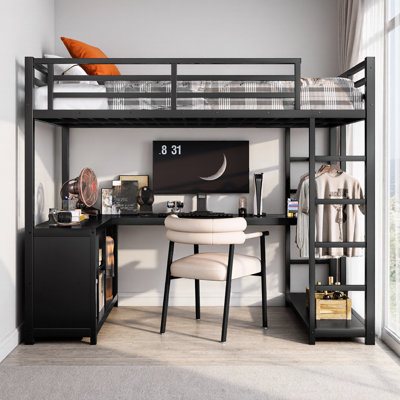 Lit mezzanine simple peu encombrant avec bureau d'étude en L et garde-robe ouverte - Rangement intégré pour enfants, adolescents et adultes