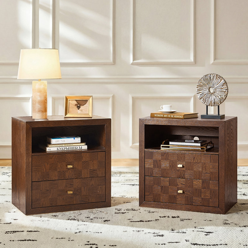 Cruce Modern 2-Drawer Solid Wood Nightstand with No Assembly Required and Built-In Charging Station, Walnut