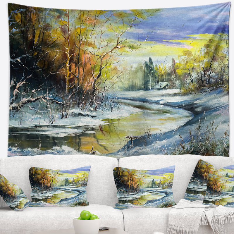 Rivière paysage dans la tapisserie de bois de printemps, H 50 po x l 60 po
