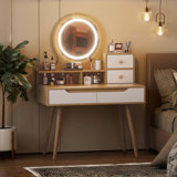 Ensemble de coiffeuse avec 3 miroirs lumineux réglables avec pieds de table en bois massif, ensemble de coiffeuse avec 4 tiroirs et 3 tablettes ouvertes pour les petits espaces