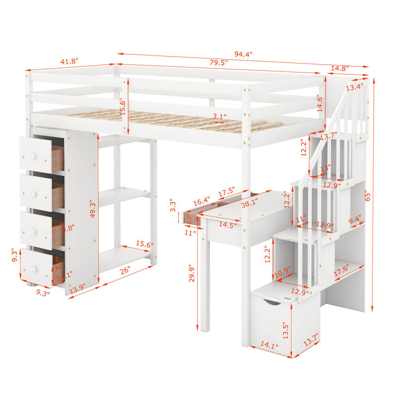 Twin Loft Bed With Drawers,Desk And Stairs, White