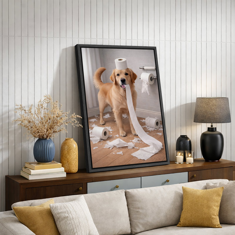 «Playful Golden Retriever», impression sur toile, impression sur toile encadrée, H 36 po x l 24 po x P 1,5 po, Cadre noir