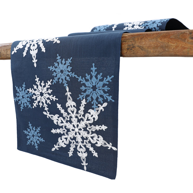 Sandoval Magical Snowflakes Crewel Embroidered Table Runner, 36" L x 16" W, Dark Blue