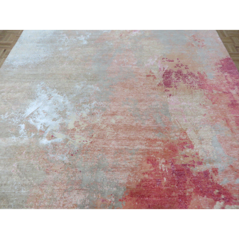 Tapis unique en laine noué à la main gris / rose 7 pi 11 po x 10 pi Cecilia