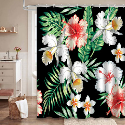 Rideau de douche imperméable à motif floral avec 12 crochets Aloha